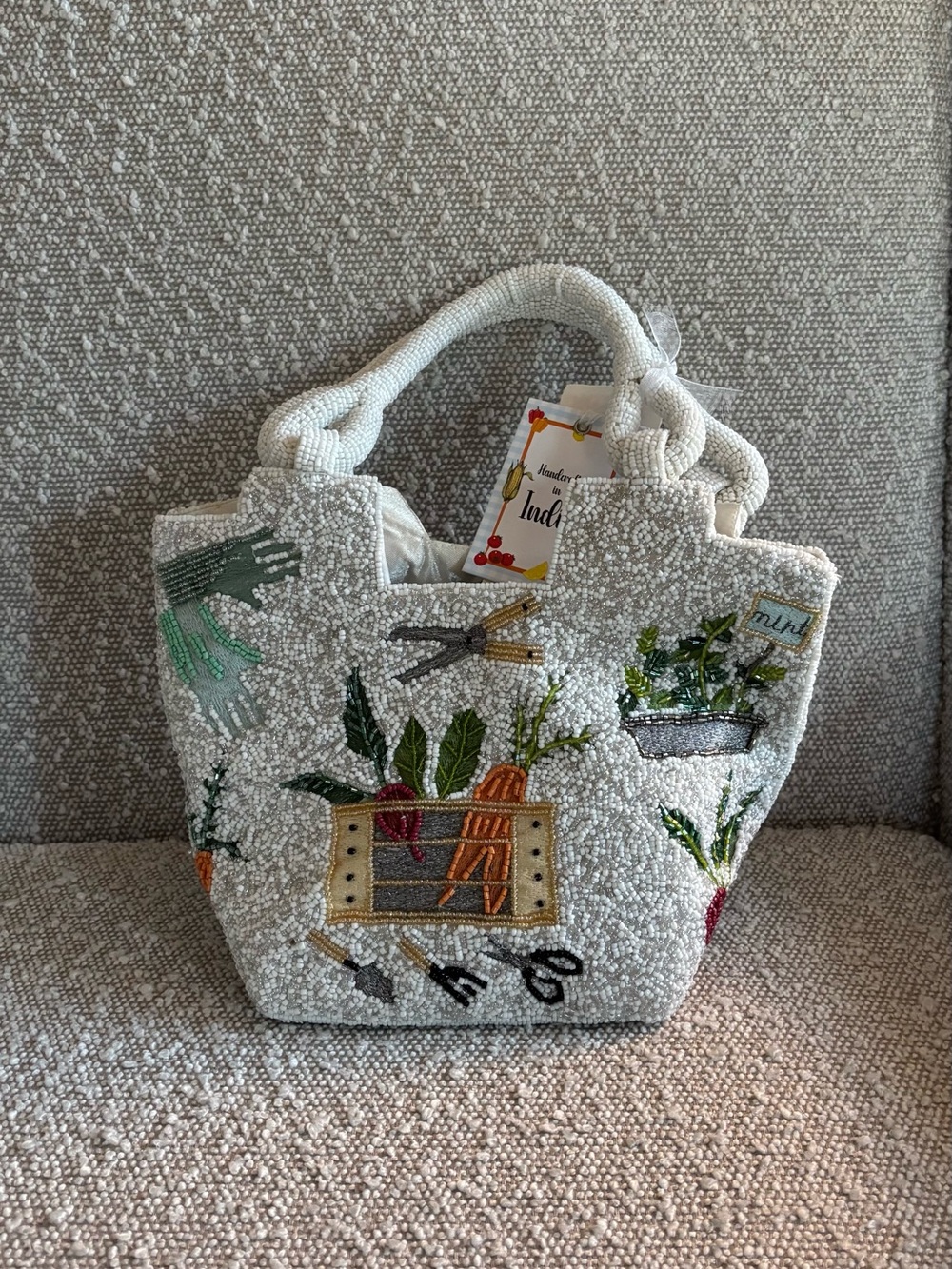 NDI Cream Beaded Tote with Garden Vegetable Embroidery